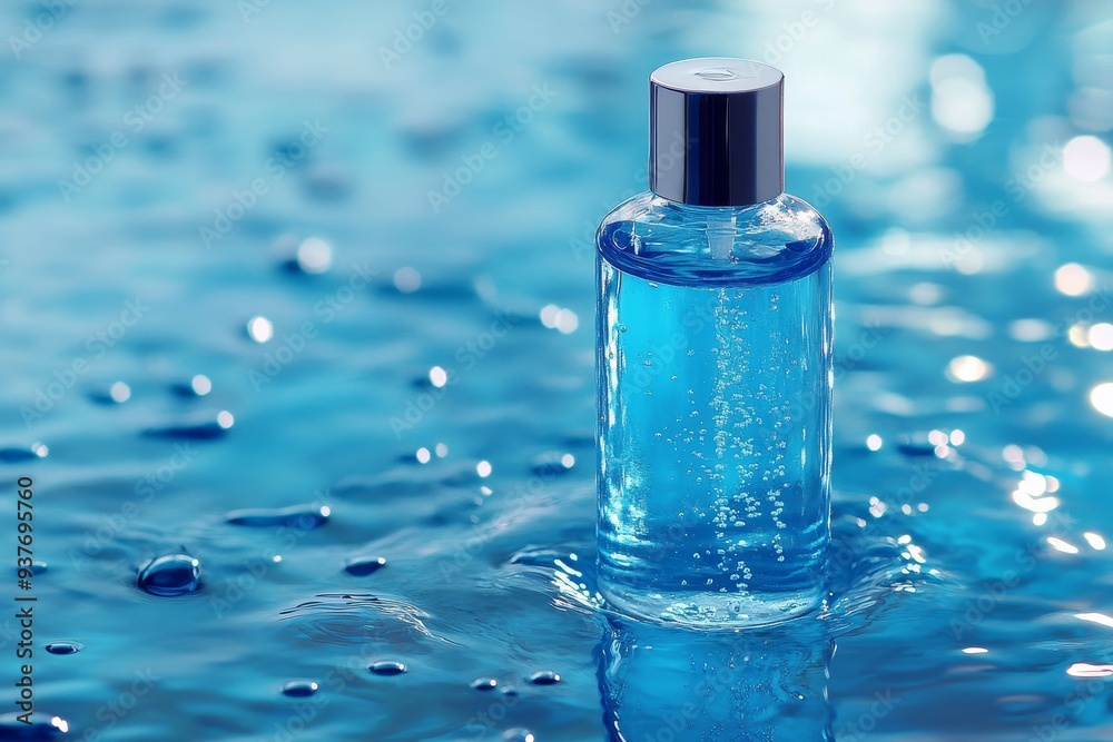 Clear blue liquid bottle on a water surface with ripples and reflections concept of freshness/ Clear blue liquid bottle on a water surface with ripples and reflections concept of freshness/