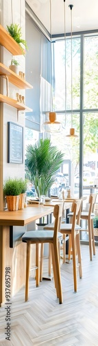 Modern Cafe Interior with Wooden Bar Stools and Green Plants.