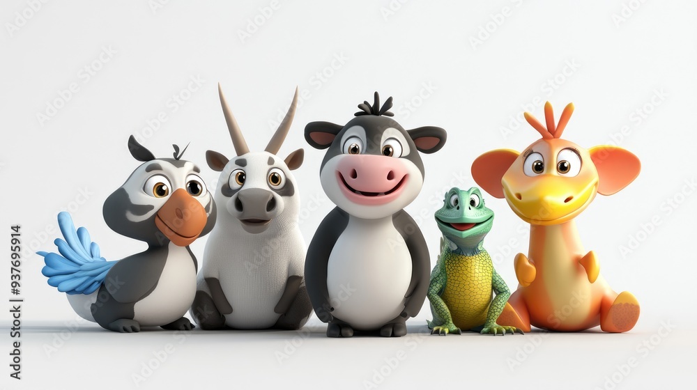 Adorable 3D cartoon animals: cow, kangaroo, panda, iguana, and bird in vibrant colors on a white background Adorable 3D cartoon animals: cow, kangaroo, panda, iguana, and bird in vibrant colors on a white background