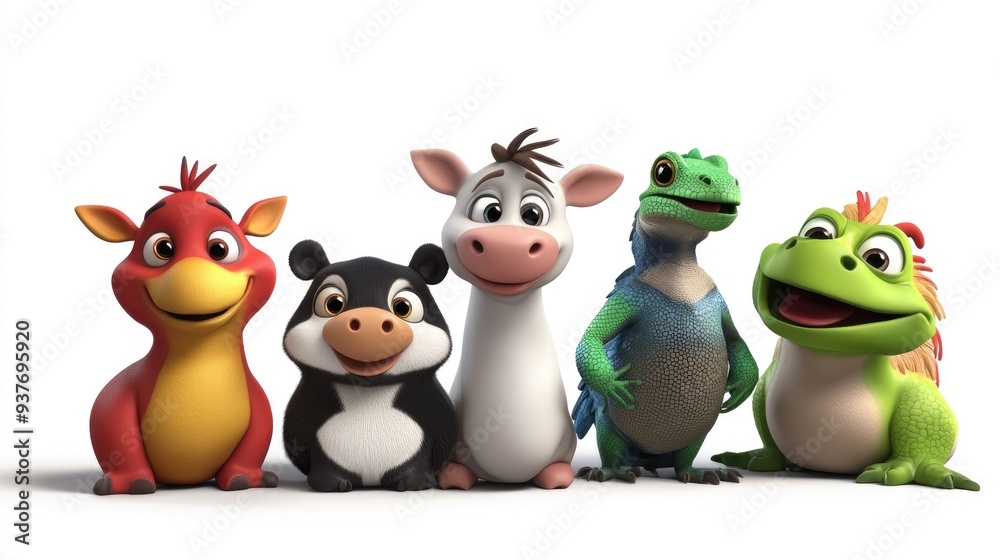 Adorable 3D cartoon animals: cow, kangaroo, panda, iguana, and bird in vibrant colors on a white background Adorable 3D cartoon animals: cow, kangaroo, panda, iguana, and bird in vibrant colors on a white background