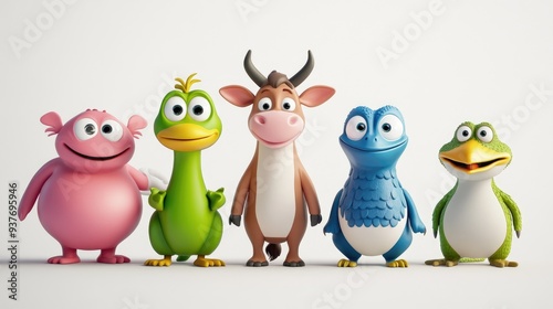 Adorable 3D cartoon cow, kangaroo, panda, iguana, and bird in vibrant colors, set against a white background, fun and lively