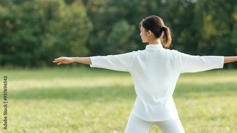 Woman practicing tai chi in a peaceful park, mental and physical fitness, goal setting Woman practicing tai chi in a peaceful park, mental and physical fitness, goal setting