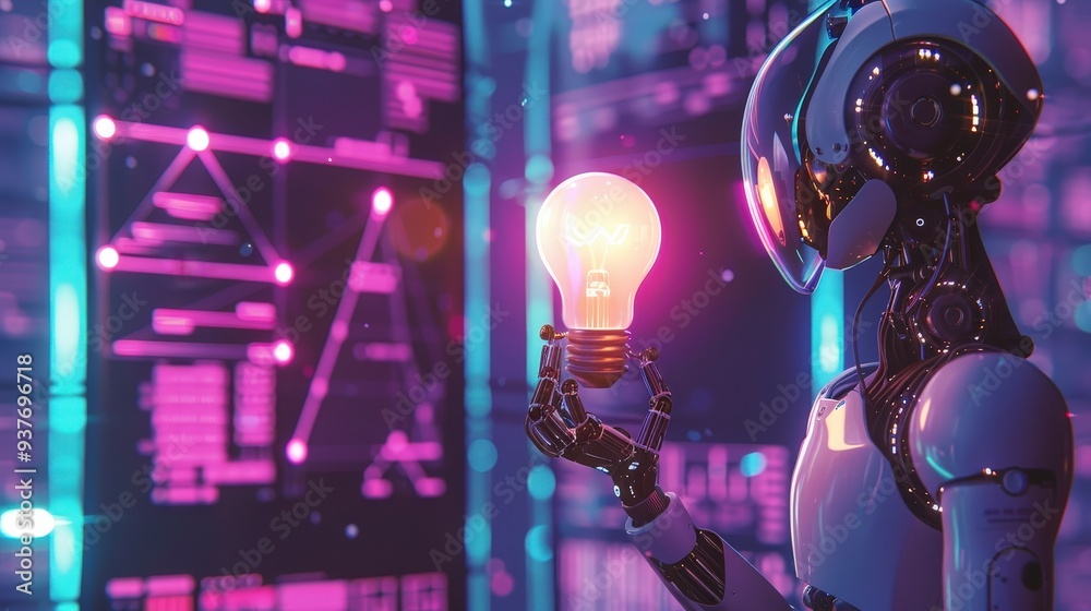 Fototapeta premium Humanoid robot holding a glowing lightbulb against a background of digital screens with neon pink and blue data visualization.