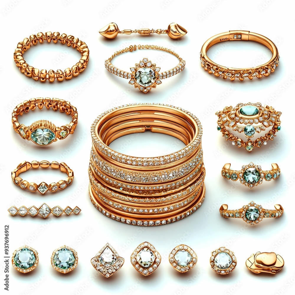 A Collection of Gold Jewelry with Aquamarine and Diamond Stones A Collection of Gold Jewelry with Aquamarine and Diamond Stones