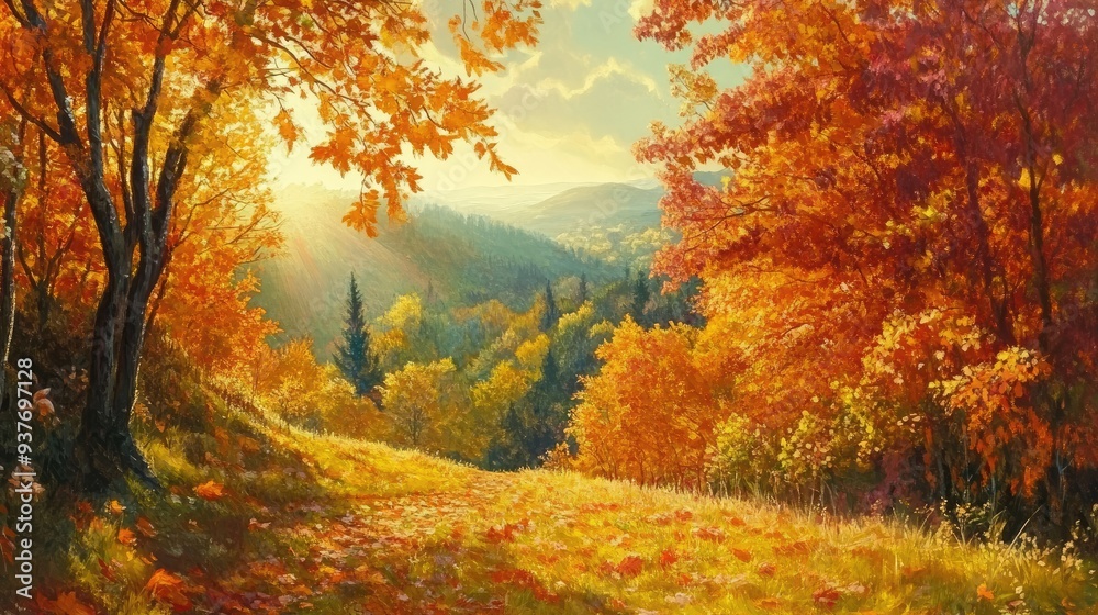 The vibrant colors of autumn leaves in sunlight, casting a warm glow over the landscape The vibrant colors of autumn leaves in sunlight, casting a warm glow over the landscape