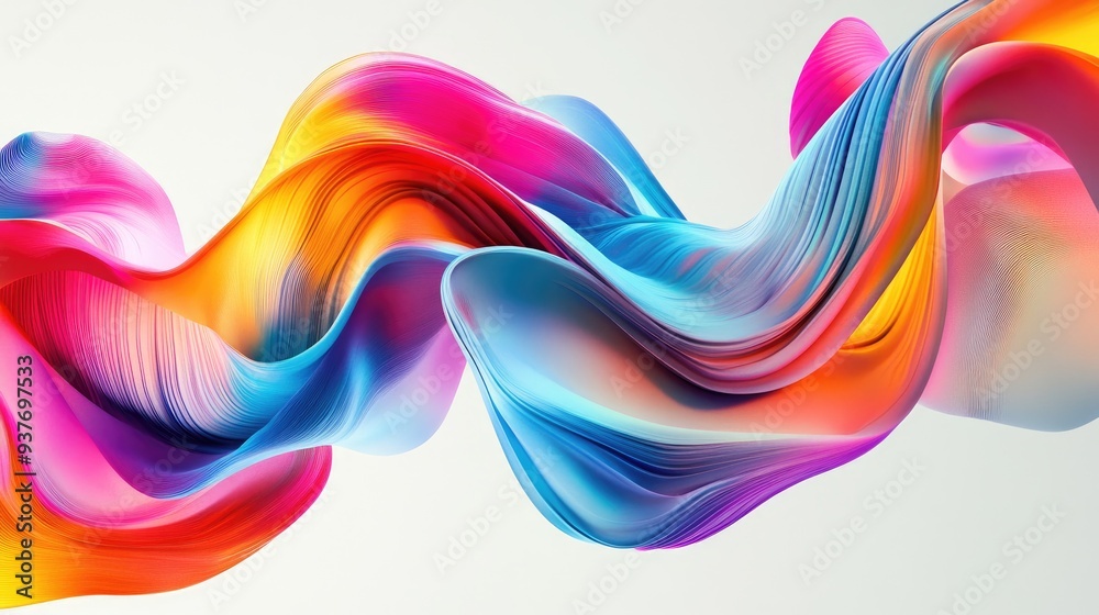 Flowing, vibrant 3D shape with multicolored geometrics, abstract and digitally generated on a clean white background Flowing, vibrant 3D shape with multicolored geometrics, abstract and digitally generated on a clean white background