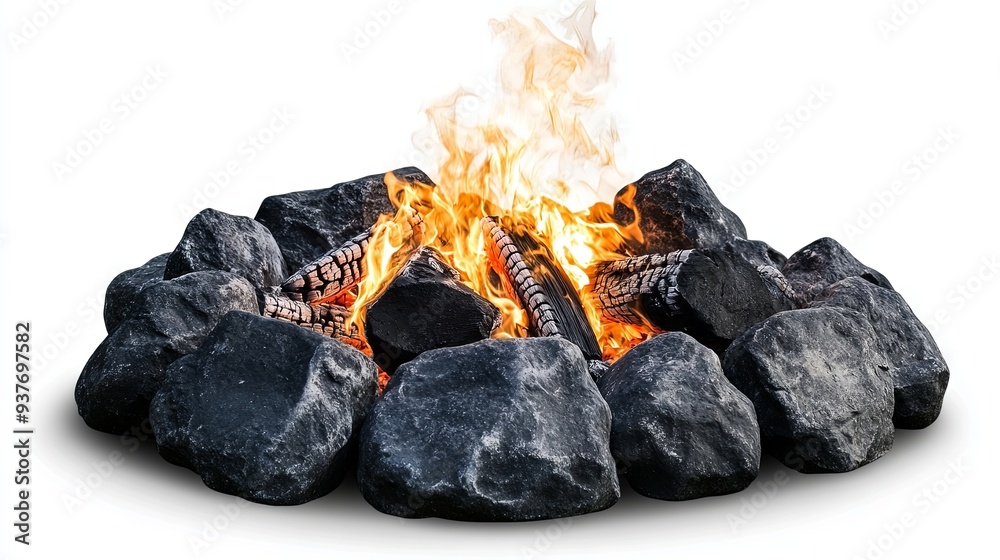 A mesmerizing bonfire enclosed by lovely stones, set against an isolated  background	