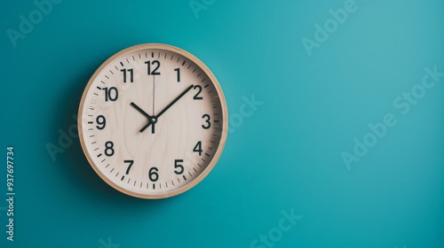 Simple Wooden Clock on a Turquoise Wall.