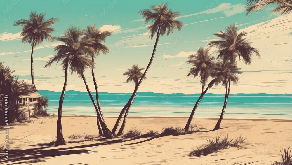 Beach scene with tall palm trees, clear sky, sandy shore, turquoise waves, and warm sunlight, evoking a nostalgic, vintage feel Beach scene with tall palm trees, clear sky, sandy shore, turquoise waves, and warm sunlight, evoking a nostalgic, vintage feel