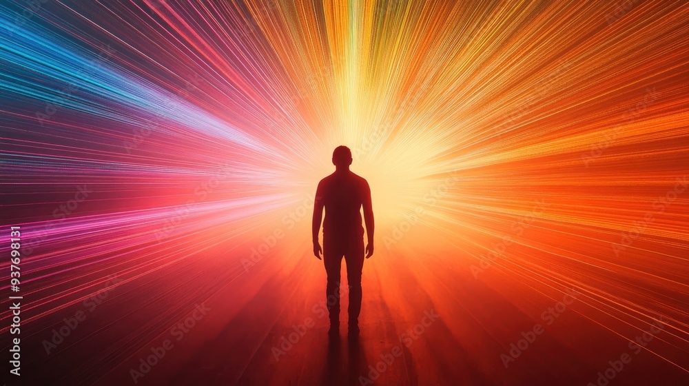 Transparent silhouette of a person toward a rising light, vivid streaks radiating from the horizon, representing upward momentum Transparent silhouette of a person toward a rising light, vivid streaks radiating from the horizon, representing upward momentum