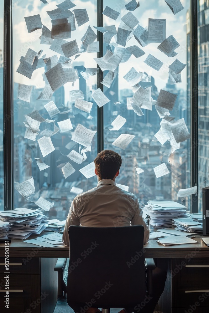 Overwhelmed Businessman Surrounded by Flying Paperwork Overwhelmed Businessman Surrounded by Flying Paperwork