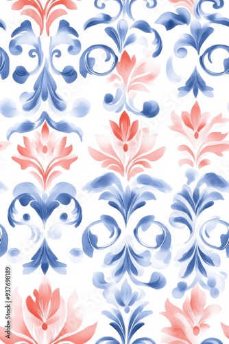 damask pattern featuring intricate floral motifs, seamlessly flowing in a Watercolor style