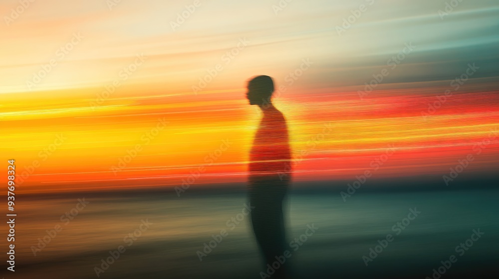 Transparent silhouette of an individual moving toward rising light, with vivid streaks from the horizon, symbolizing momentum Transparent silhouette of an individual moving toward rising light, with vivid streaks from the horizon, symbolizing momentum