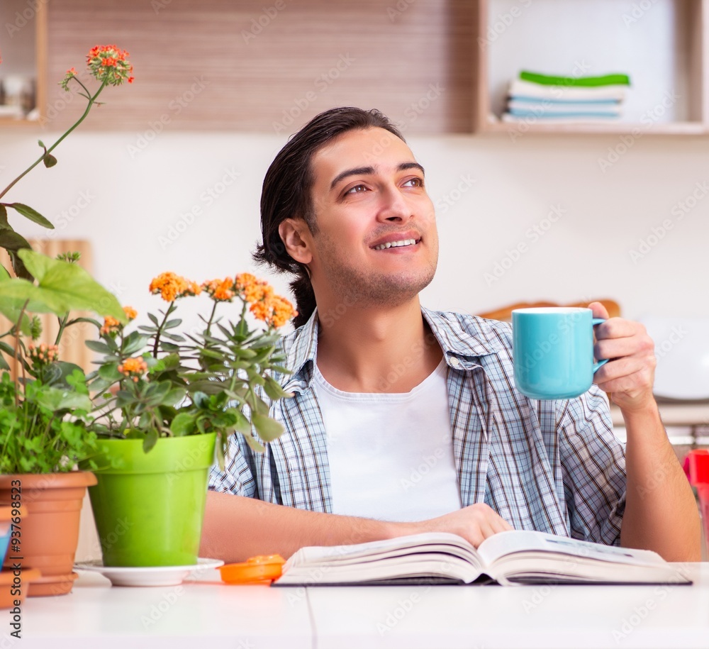 Young handsome man cultivating flowers at home Young handsome man cultivating flowers at home