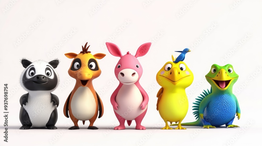 Vibrant 3D adorable cartoon cow, kangaroo, panda, iguana, and bird on a white background, cute and playful characters Vibrant 3D adorable cartoon cow, kangaroo, panda, iguana, and bird on a white background, cute and playful characters