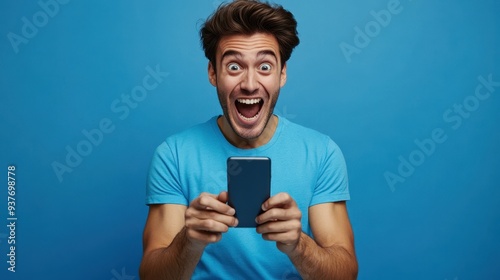 The excited man with phone photo