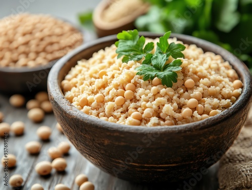 A bowl of soybean meal next to a variety of legumes, Main keyword soybean meal, Concept plantbased nutrition