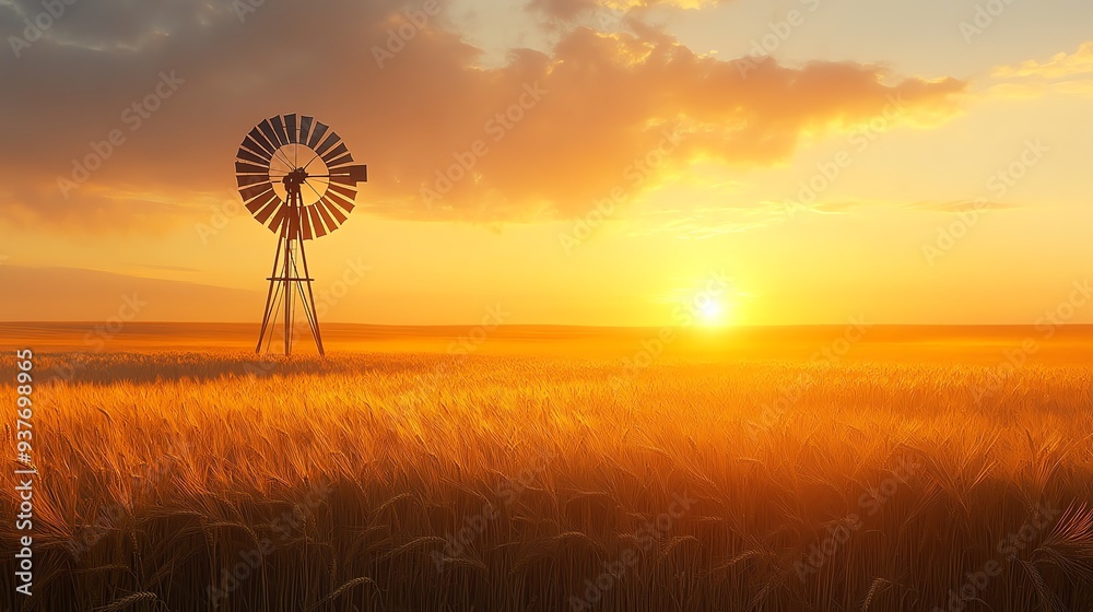 A rustic windmill silhouette against a golden wheat field at sunset, Main keyword wheat, Concept timeless beauty A rustic windmill silhouette against a golden wheat field at sunset, Main keyword wheat, Concept timeless beauty