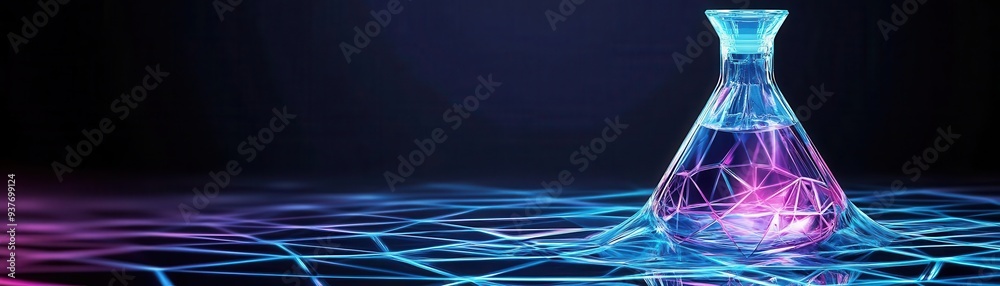 A stream made entirely of liquid crystal flowing into a geometrically perfect flask, holographic elements, futuristic, sharp lines A stream made entirely of liquid crystal flowing into a geometrically perfect flask, holographic elements, futuristic, sharp lines