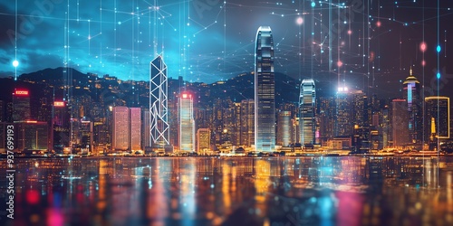 Hong Kong mesh 3D rendering city skyline illustration of blueprint architectural design showing AI innovation and construction, finance, transportation and technology. Generative AI