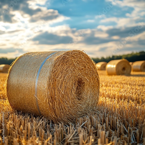 Closeup of golden straw bales in a harvested field, Main keyword straw, Concept rural harvest photo