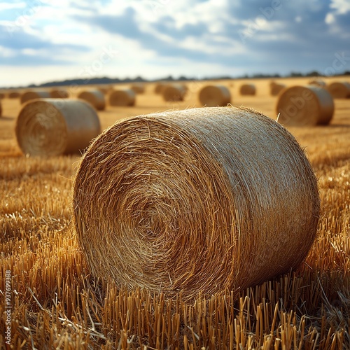 Closeup of golden straw bales in a harvested field, Main keyword straw, Concept rural harvest photo