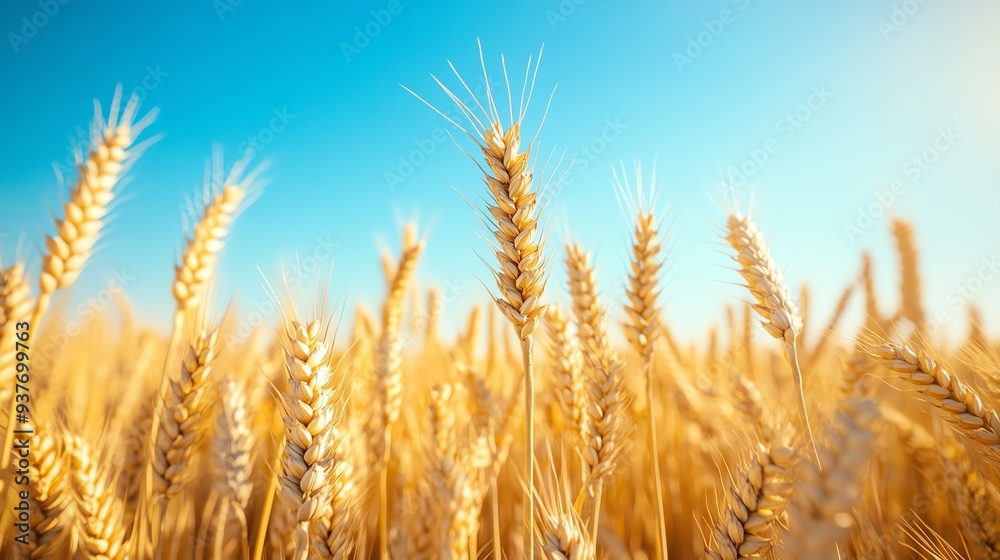 Golden wheat field swaying gently in the breeze under a clear blue sky, Main keyword wheat, Concept rural serenity Golden wheat field swaying gently in the breeze under a clear blue sky, Main keyword wheat, Concept rural serenity