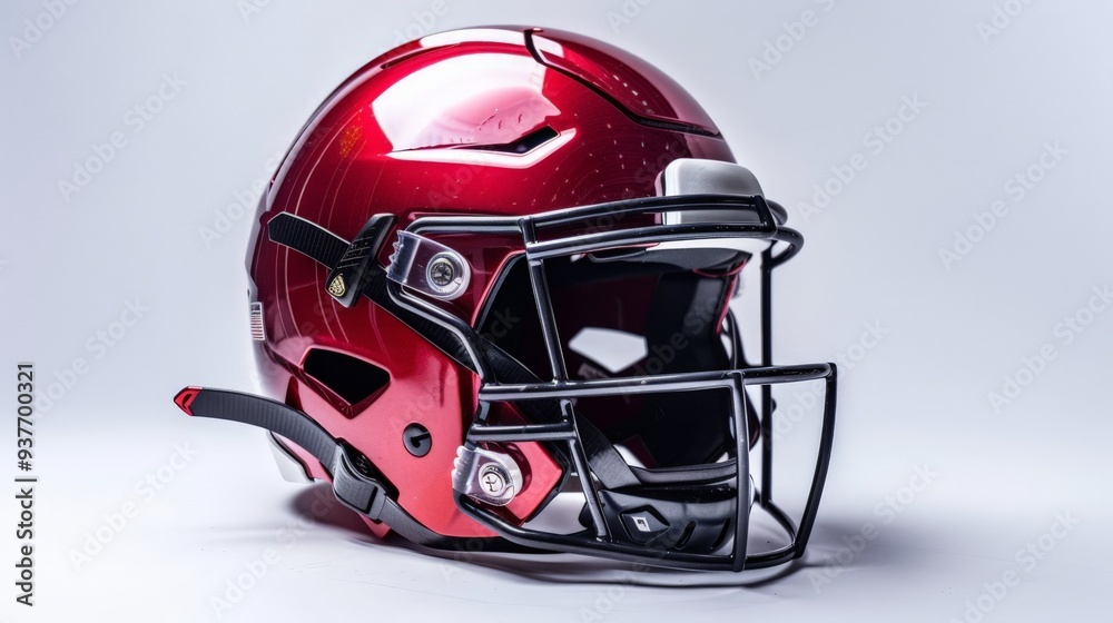 Fototapeta premium Red Football Helmet with Black Facemask on a White Background.