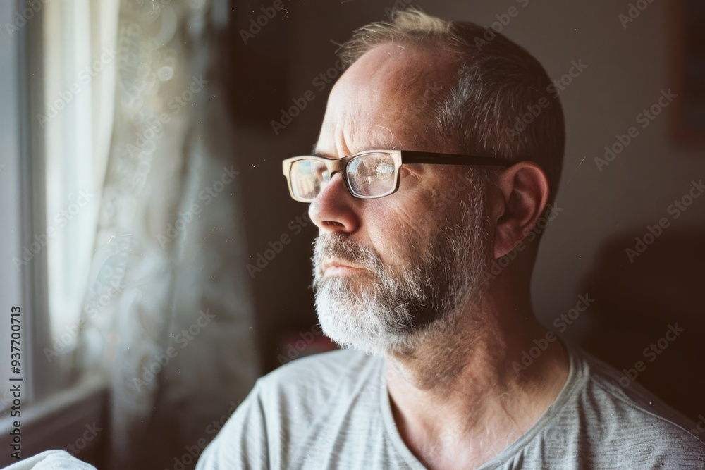 Portrait of a thoughtful man with glasses gazing out of a window, soft light illuminating his contemplative expression. Portrait of a thoughtful man with glasses gazing out of a window, soft light illuminating his contemplative expression.