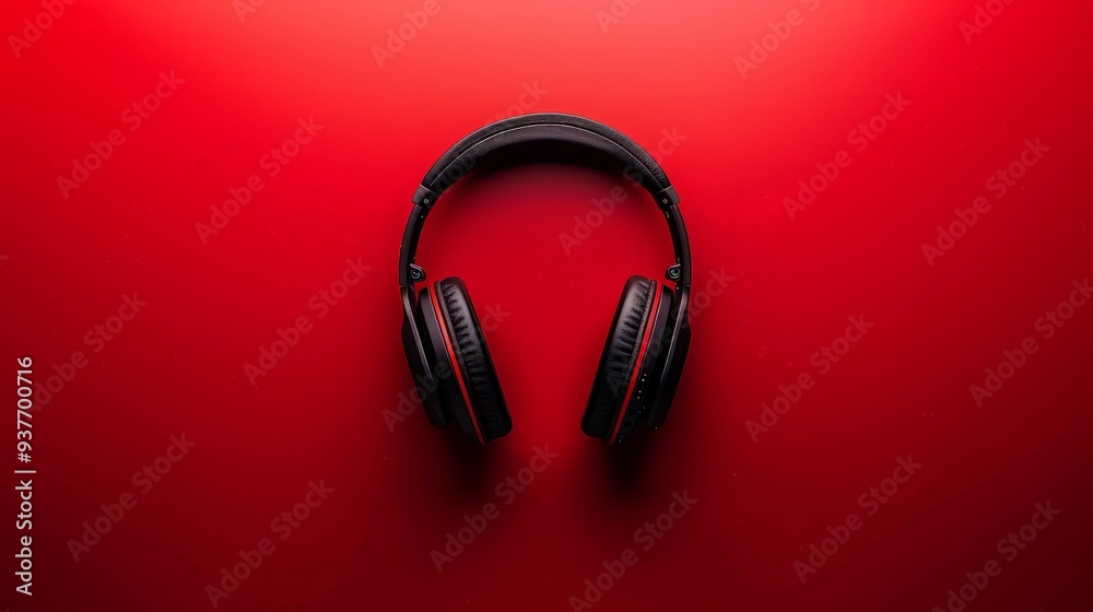 Black Headphones on a Red Background. Black Headphones on a Red Background.