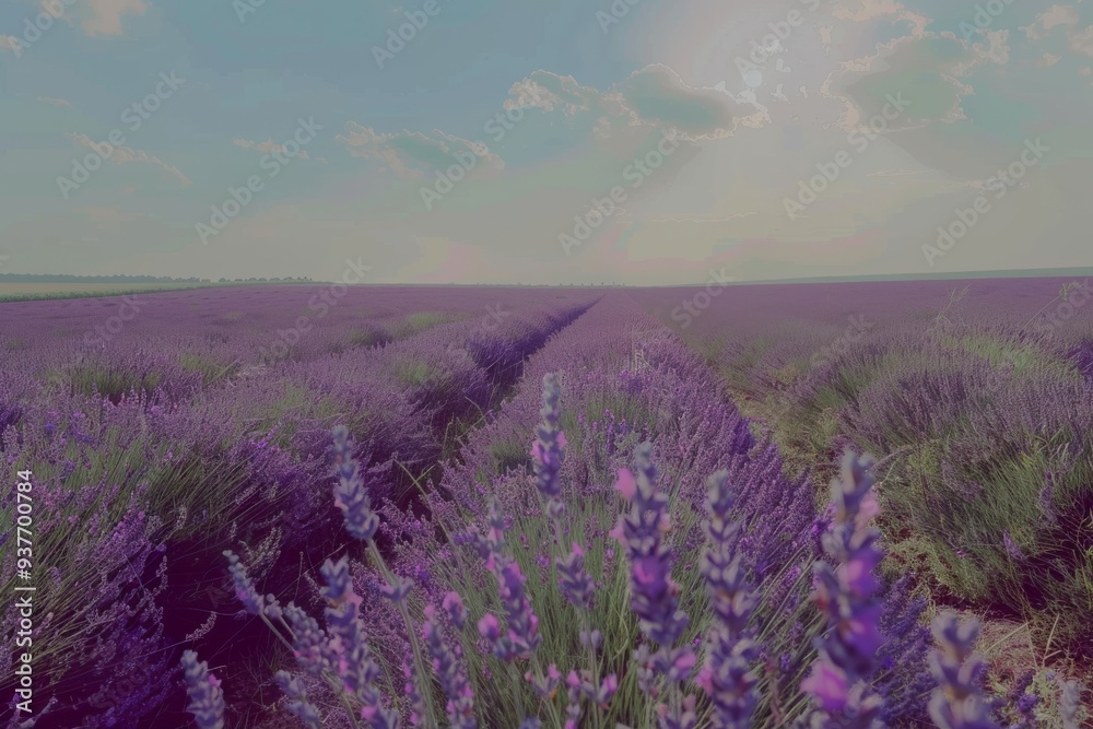 Obraz premium Endless fields of lavender under soft evening light, with a dreamy, serene atmosphere permeating the vast purple landscape.