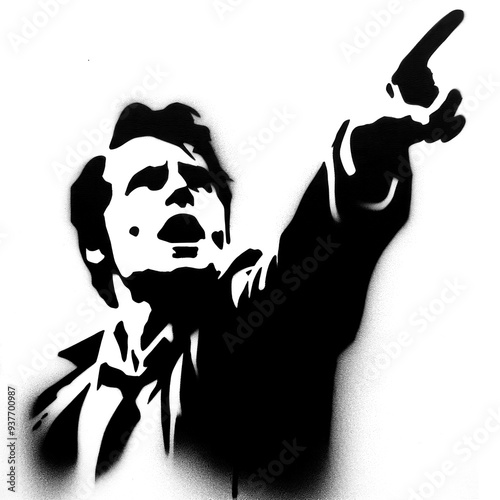 man pointing upwards graffiti stencil-art style,black and white, generative ai