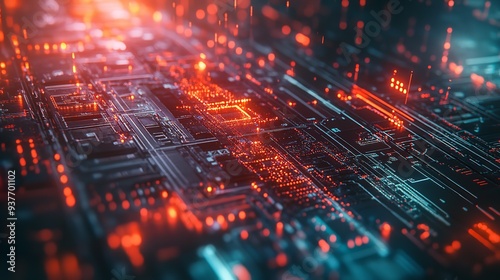 Abstract representation of a futuristic, sophisticated cybersecurity network with digital locks, shields, and network nodes protected by AI algorithms. Generative AI