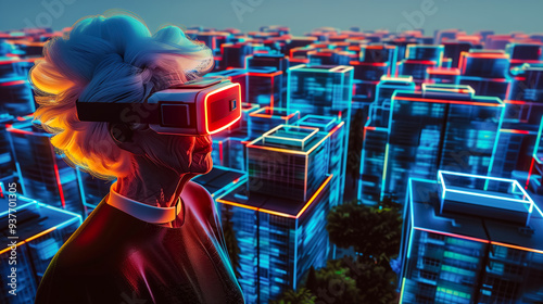 Elderly  woman gamer with white carded hair  with virtual reality goggles, playing video game with VR headset, looking around streets in a neon futuristic background 3D city . copy space right