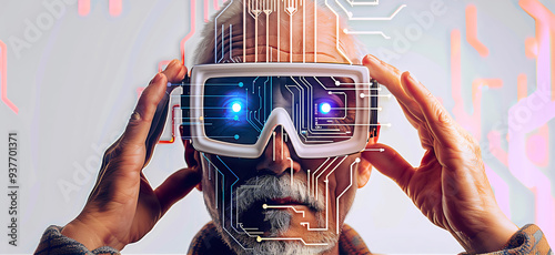 Close digital portrait of retired elderly white beard & holding with both hands the virtual reality goggles, playing video game with VR headset, 