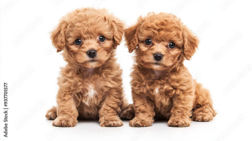 Two adorable Toy Poodle puppies posing on a white background. The scene captures the playful and sweet nature of the puppies, highlighting their curly fur and expressive eyes, perfect for a baby anima Two adorable Toy Poodle puppies posing on a white background. The scene captures the playful and sweet nature of the puppies, highlighting their curly fur and expressive eyes, perfect for a baby anima