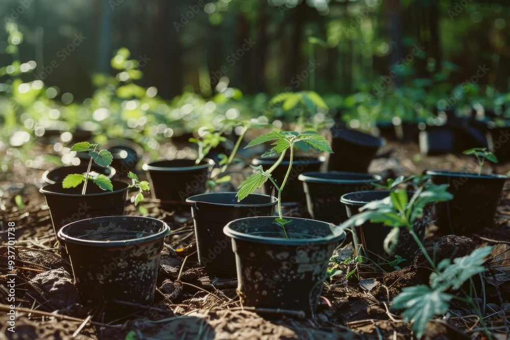 Shaded by trees, small seedlings thrive in black plastic pots on earthy, sun-dappled forest ground, signifying hope and growth in nature. Shaded by trees, small seedlings thrive in black plastic pots on earthy, sun-dappled forest ground, signifying hope and growth in nature.