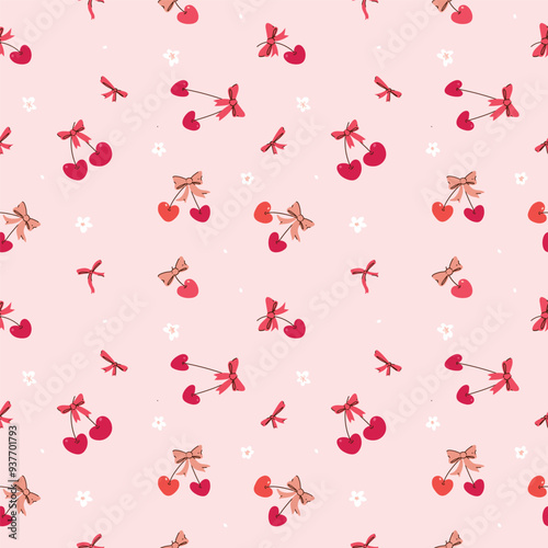 Seamless background with cherry on pink background. Cute berry ornament, girly wallpaper.
