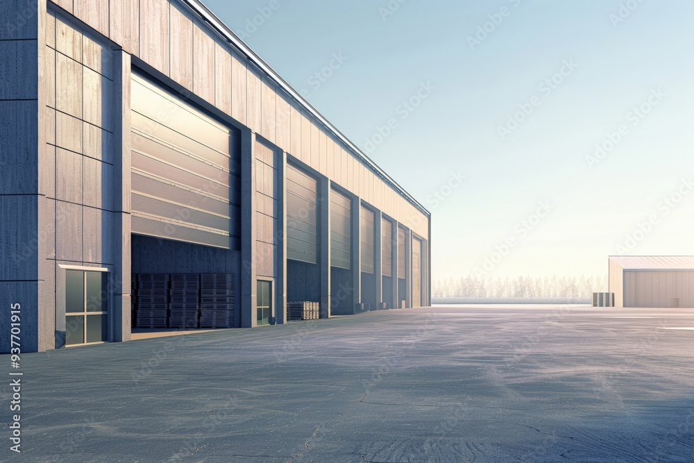 Factory's exterior, featuring clean lines, innovative architecture, and eco-friendly features. Beautiful simple AI generated image Factory's exterior, featuring clean lines, innovative architecture, and eco-friendly features. Beautiful simple AI generated image