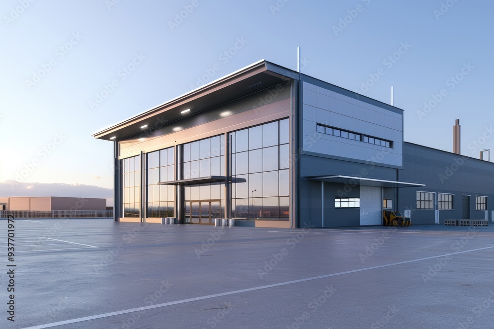 Factory's exterior, featuring clean lines, innovative architecture, and eco-friendly features. Beautiful simple AI generated image