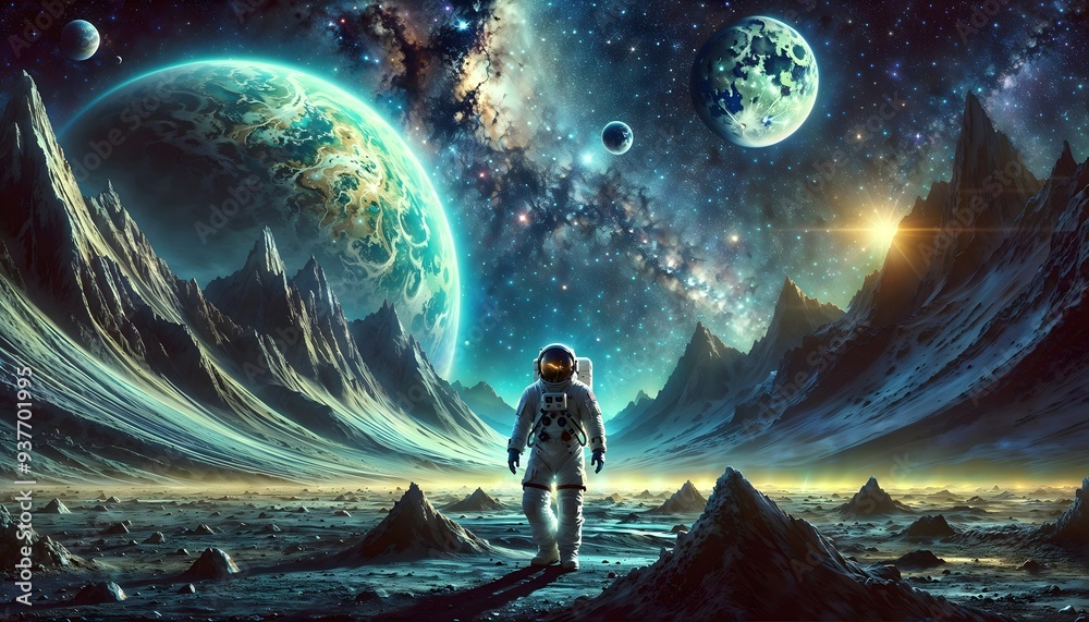 Astronaut on Alien Terrain Under Starry Sky Astronaut on Alien Terrain Under Starry Sky