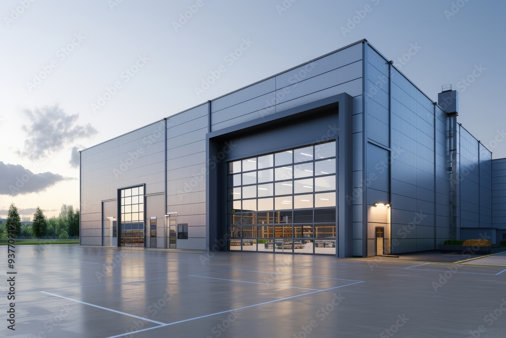 Factory's exterior, featuring clean lines, innovative architecture, and eco-friendly features. Beautiful simple AI generated image Factory's exterior, featuring clean lines, innovative architecture, and eco-friendly features. Beautiful simple AI generated image