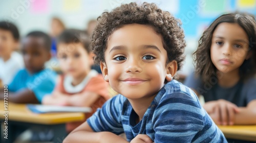 A young boy in a classroom sits with his classmates at their desks, smiling at the camera.