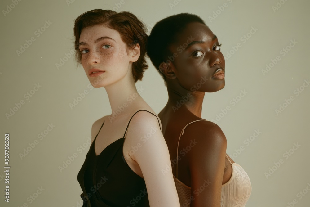 Two individuals, one with short hair and the other with an Afro, stand back-to-back against a clean, neutral backdrop, exuding elegance and confidence. Two individuals, one with short hair and the other with an Afro, stand back-to-back against a clean, neutral backdrop, exuding elegance and confidence.