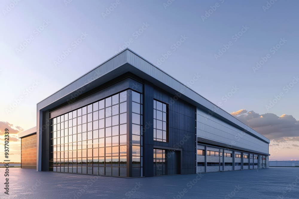 Factory's exterior, featuring clean lines, innovative architecture, and eco-friendly features. Beautiful simple AI generated image Factory's exterior, featuring clean lines, innovative architecture, and eco-friendly features. Beautiful simple AI generated image