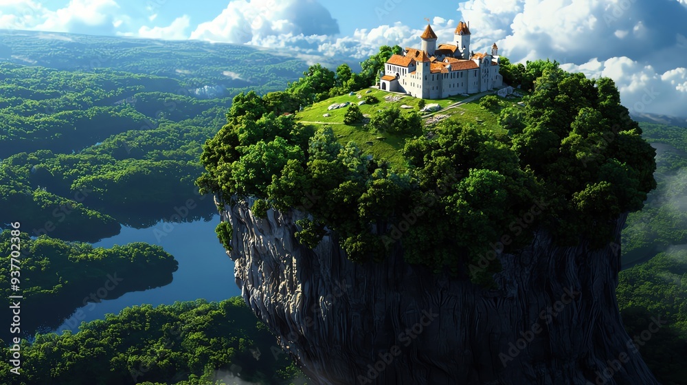 Naklejka premium A majestic castle perched atop a lush green island, surrounded by serene water and dramatic clouds in a vibrant landscape.