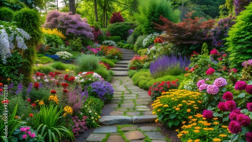 Lush garden with blooming flowers and a stone pathway