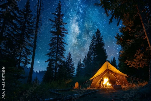 A tent illuminated by a glowing fire under a stunning night sky filled with countless stars, conveying adventure and serenity. photo