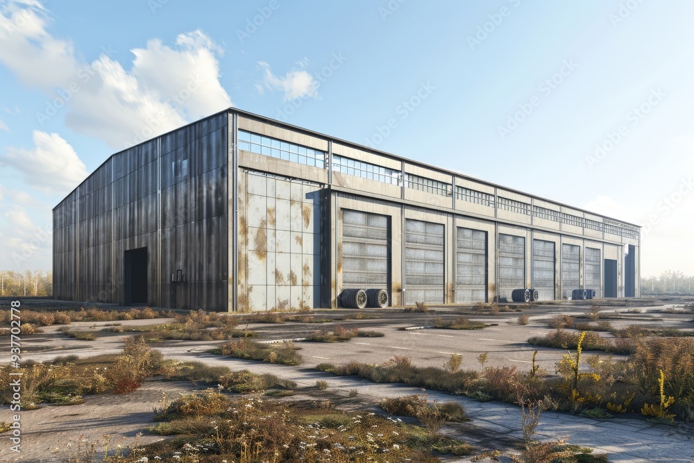 Factory's exterior, featuring clean lines, innovative architecture, and eco-friendly features. Beautiful simple AI generated image Factory's exterior, featuring clean lines, innovative architecture, and eco-friendly features. Beautiful simple AI generated image