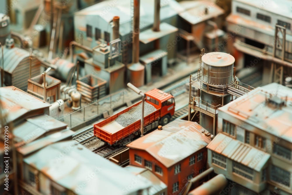 A miniature model scene displays a red truck navigating through an intricately detailed industrial area, showcasing precise craftsmanship. A miniature model scene displays a red truck navigating through an intricately detailed industrial area, showcasing precise craftsmanship.